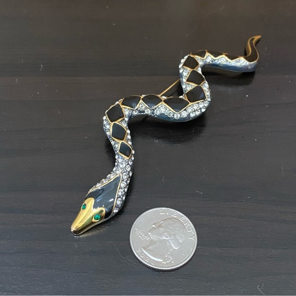 Vintage Signed Gold-tone Luxurious 5.5” Snake Enamel Rhinestone Crystal Brooch - Picture 8 of 13